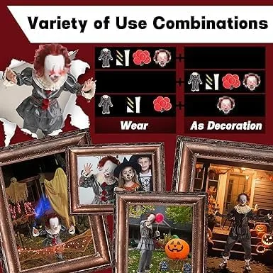 Vista 6 de Disfraz de payaso para niños adultos, disfraces aterradores de Halloween con máscara de payaso LED, globos, kit de maquillaje para fiesta