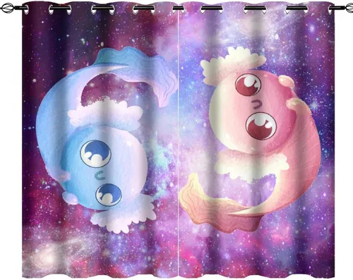 Vista 47 de Cortinas abstractas de ajolote con diseño de galaxia colorida y peces, con aislamiento térmico, oscurecimiento de habitación completa, para sala