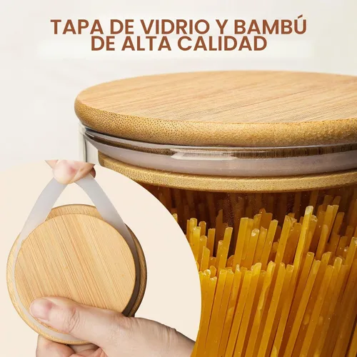 Vista 8 de SHOWIN Tarros de almacenamiento de pasta de vidrio de 73 onzas, tarros altos de vidrio con tapas de bambú, contenedor de espagueti, juego de 3