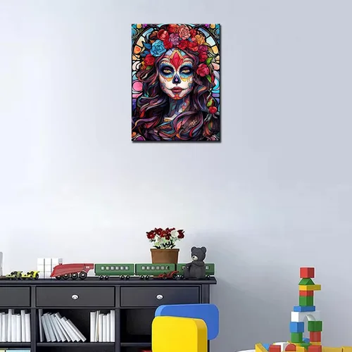 Vista 15 de Pintura de diamantes de calavera de azúcar 5D, kit de numeración, arte del día de la muerte, arte de pared de rosa roja, arte de pared con diamantes