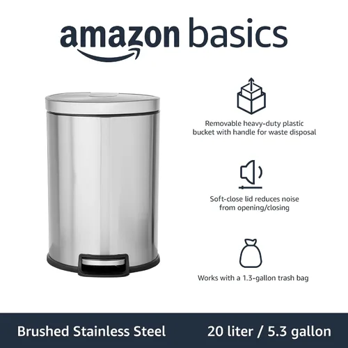 Vista 2 de Amazon Basics Bote de basura cilíndrico redondo con tapa de cierre suave, pedal de pie, cubo interior extraíble, resistente a las manchas, 20 l/5.3