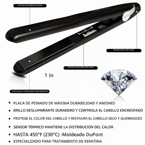 Vista 2 de H2PRO Black Diamond - Plancha alisadora de cerámica turmalina de 1 pulgada, plancha plana profesional de vanguardia para todo tipo de cabello