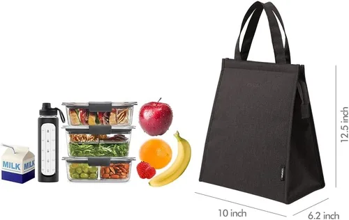Vista 7 de Bolsa de almuerzo negra para hombres – Bolsa de almuerzo con cremallera para mujer, lonchera simple reutilizable aislada