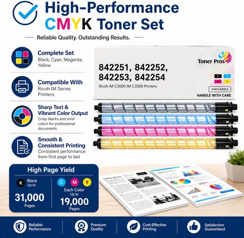 Vista 2 de Toner Pros (TM Compatible [Alto Rendimiento] Tóner (842251, 842252, 842253, 842254) para impresoras Ricoh IM C3000 IM C3500 (paquete de 4 colores)
