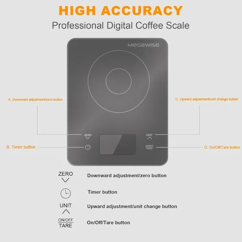 Vista 2 de MEGAWISE - Báscula de café con temporizador, escala digital de vertido, incrementos de 0.00 oz de hasta 17.64 oz, capacidad de 4.4 lbs, función