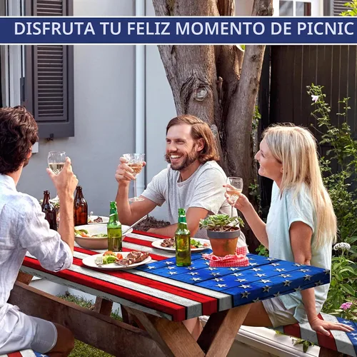 Vista 6 de Juego de fundas para mesa de picnic con bandera estadounidense con textura de madera, impermeable, resistente al viento, para campamento, manteles