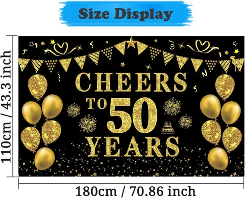 Vista 2 de Trgowaul Decoraciones de cumpleaños número 50/aniversario/boda para mujeres y hombres, pancarta de felicitación a los 50 años, fondo negro y dorado