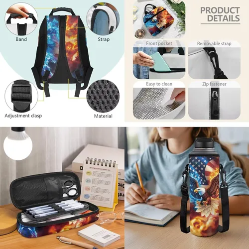 Vista 4 de Bulopur Eagle American Flag Print Kids Backpack Boys Elementary School 17 Inch Bookbag With Lunch Bag Water Bottle Holder Keychain Pencil Case 5