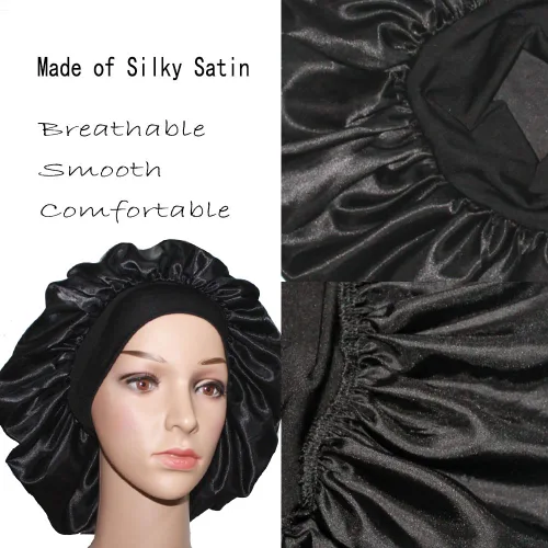 Vista 4 de VEYRNEIC Gorro de satén para el cabello para dormir, gorras de seda para quimioterapia con banda elástica ancha, gorro de dormir para mujeres