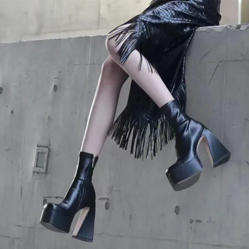 Vista 2 de Uacllcau Botas de plataforma para mujer, botas de media pantorrilla, punta cuadrada, botas de tacón alto grueso con cremallera lateral