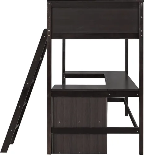 Vista 8 de Cama loft de madera con estantes de almacenamiento y escritorio en forma de U, marco de cama tipo loft de tamaño individual con barandillas
