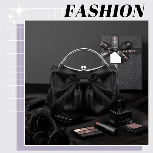 Vista 5 de Coquette - Bolso de mano para mujer, plisado, de satén, con lazo, bolsa de noche con cadena cruzada para boda, fiesta, baile de graduación