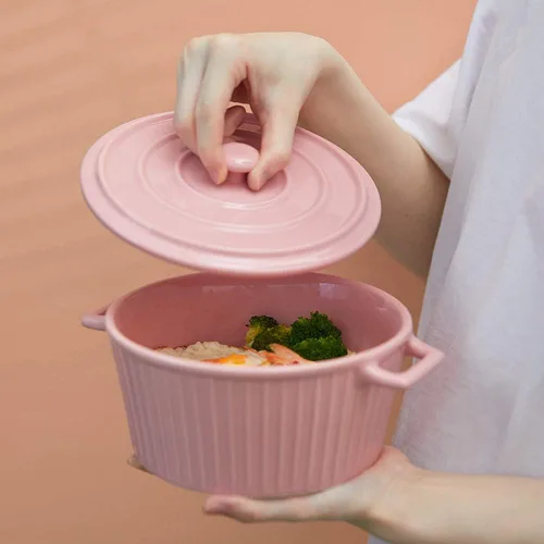 Vista 5 de Cacerola con tapa, cacerola de cerámica de 1.1 cuartos de galón para horno colorido (1, rosa)