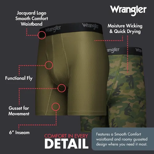 Vista 4 de Wrangler Calzoncillos tipo bóxer elásticos de malla de secado rápido para hombre, paquete de 6