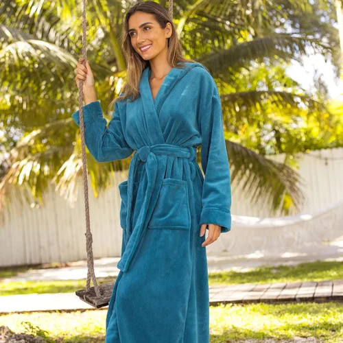 Vista 2 de Alexander Del Rossa - Bata de baño de felpa suave con capucha para mujer, bata larga y cálida, con capucha