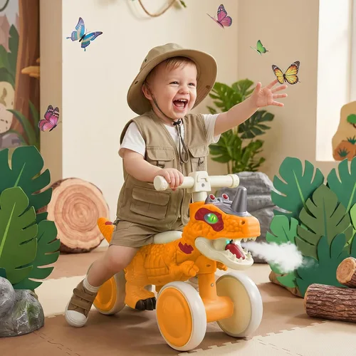 Vista 10 de Bicicleta de equilibrio para bebés de 1 año de edad, bicicletas de equilibrio de dinosaurio con sonidos, música y efectos de pulverización Rosa