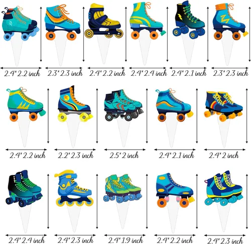 Vista 5 de 48 piezas de decoración para cupcakes de patinaje sobre ruedas, decoraciones de fiesta de cumpleaños para niños, temática de patinaje azul