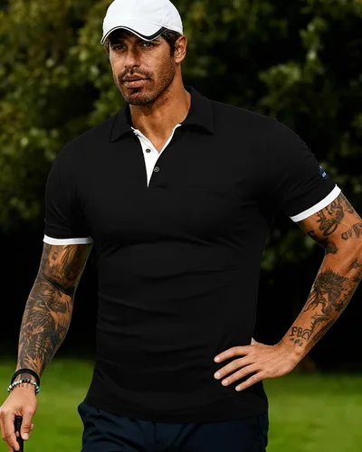 Vista 3 de KUYIGO Camisas de manga larga y corta estilo polo para hombre, estilo informal, ajustadas, diseño sólido, suave, con botones, de algodón, con A1