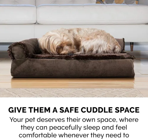 Vista 9 de Furhaven - Cama para perro de espuma viscoelástica, en forma de L, estilo diván, de felpa y terciopelo, marrón sable, talla jumbo plus (XXL)