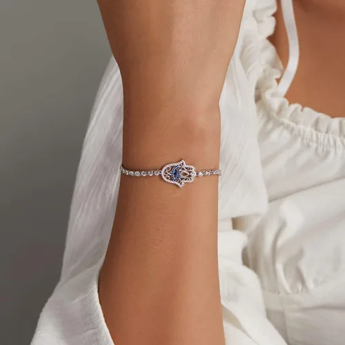 Vista 7 de BISAER Pulsera de plata de ley 925 con circonita cúbica Hamsa ajustable para mujer