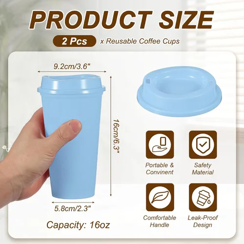 Vista 2 de uxcell 2 tazas reutilizables para café, 16 onzas, café de viaje, color azul Azul claro