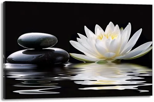 Vista 11 de GLOKAKA Arte de pared de flor de loto blanco zen, loto blanco y negro en piedra de spa y agua, lienzo impreso para yoga, meditación, sala de baño