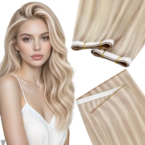 Vista 31 de LaaVoo - Extensiones de cabello humano con cinta adhesiva, color marrón a rubio ceniza, extensiones de cabello humano real, cintas en extensiones