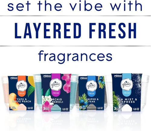 Vista 4 de Glade Candle Juniper & Teak, Fresh Collection, vela aromática infundida con aceites esenciales, vela ambientadora, vela de 3 mechas, 6.8 onzas