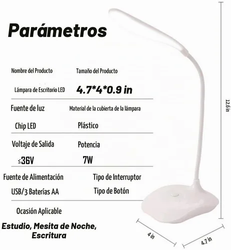 Vista 4 de Lámpara LED de mesa, portátil, con protección ocular, con cuello de cisne flexible, luces de escritorio pequeñas para dormitorio, estudio, oficina