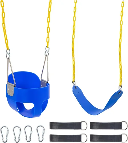 Vista 7 de Ktaxon Columpio de cubo para niños pequeños, asiento completo de cubo para niños con cadenas revestidas y ganchos de bloqueo, juego de columpios