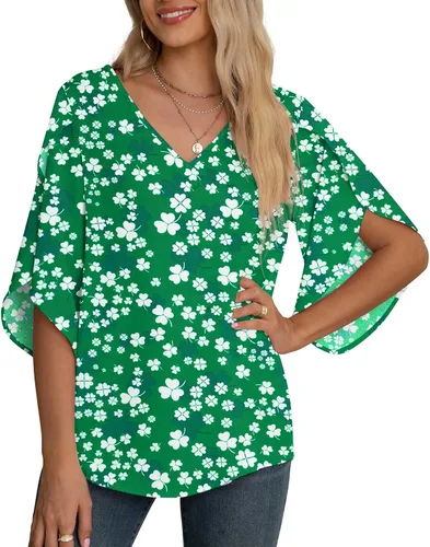 Vista 34 de Blusas de gasa con mangas 3/4 arrugadas de otoño para mujer de Jouica 01amy Verde