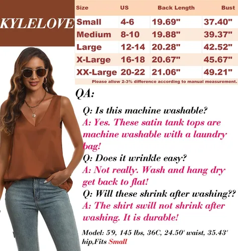 Vista 6 de KYLELOVE Camisetas sin mangas de satén para mujer, de doble capa, sin mangas, cuello en V, camisas de trabajo