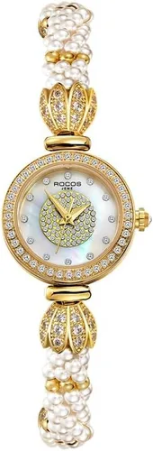 Vista 6 de Reloj de pulsera de oro para mujer, correa de cadena de perlas giratoria, esfera deslumbrante, impermeable, regalo para mujer R0262JB