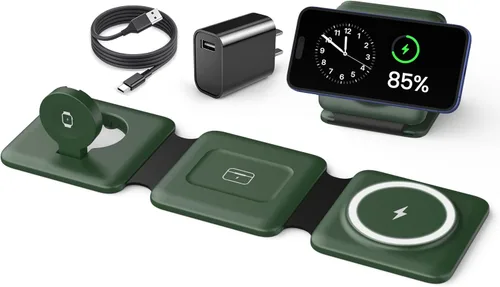 Vista 13 de Iseyyox Estación de carga para dispositivos Apple – Base de carga inalámbrica plegable magnética 3 en 1 – Almohadilla de carga de viaje para MagSafe