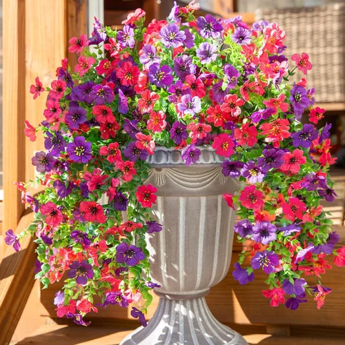 Vista 11 de Flores artificiales colgantes de imitación para decoración exterior de otoño, 2 piezas de violetas de seda falsas con eucalipto, resistentes a