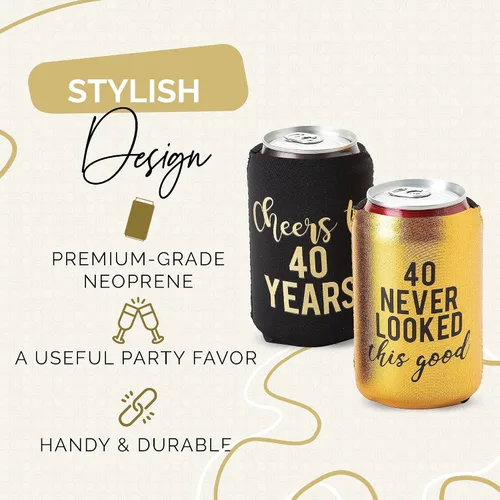 Vista 3 de Saludos a los 40 años – Juego de 12 enfriadores de latas dorados con el texto "40 Never Looked So Good", color negro y dorado para fiestas