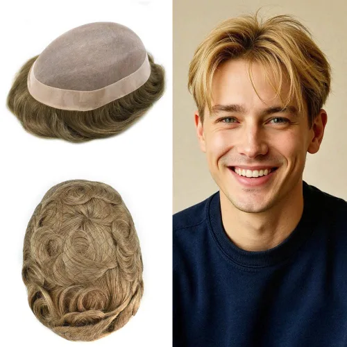 Vista 114 de Fine Mono Men Hair System Mens Toupee Real Human Hair Pieces For Men's Toupee Hair System For Men Hair Piece Natural Hairline 6X8 densidad de luz