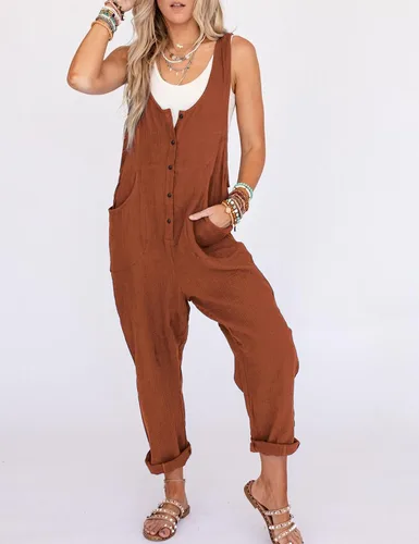 Vista 2 de Himosyber Overol de algodón y lino para mujer, con tirantes ajustables, con botones, pantalón largo
