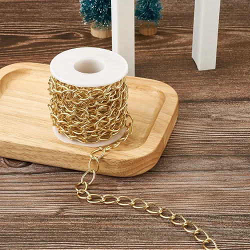 Vista 7 de FASHEWELRY Cadena de eslabones de aluminio de 16.4 pies sin soldar, rollo de cadenas de eslabones dorados con carrete para hacer collares, joyas