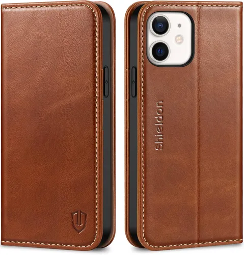Vista 10 de SHIELDON Funda para iPhone 12/12 Pro 5G, Funda Tipo Billetera de Piel Auténtica con Bloqueo RFID Magnético, Soporte para Tarjetas de Crédito