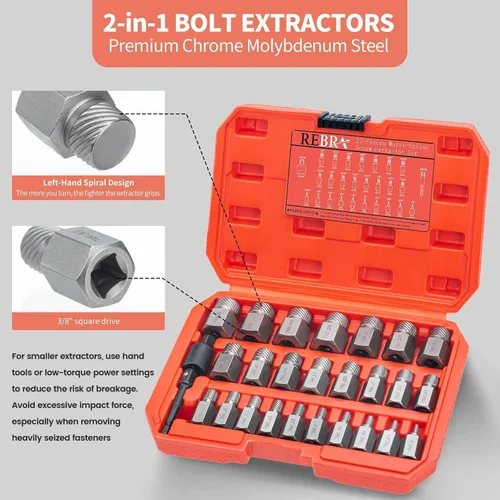 Vista 5 de REBRA Juego de 27 piezas extractores de tornillos, kit removedor de pernos de cabeza doble de impacto de 3/8 pulgadas Easy Out, cabeza hexagonal