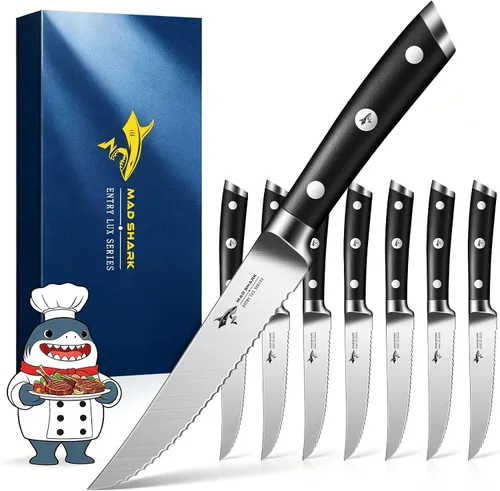 Vista 9 de MAD SHARK Juego de 4 cuchillos de carne dentados de 12.6 pulgadas, cortes