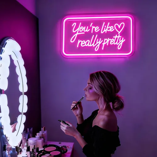 Vista 5 de Letrero de neón con texto en inglés "You're Like Really Pretty Neon", luz de neón LED rosa con atenuador y alimentación USB, decoración de pared