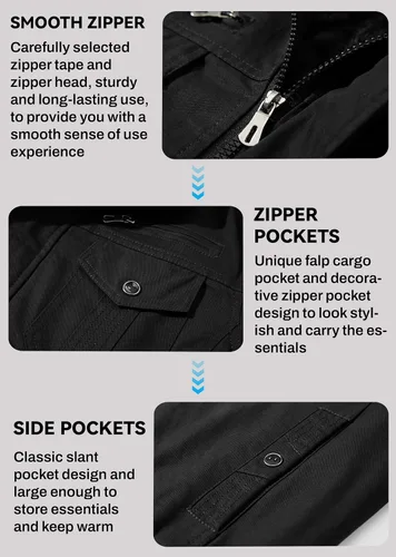 Vista 5 de EKLENTSON Chaqueta térmica gruesa de invierno para hombre con múltiples bolsillos con cremallera frontal forro polar chaqueta militar para hombre