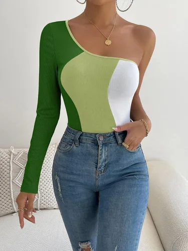 Vista 3 de Verdusa Body de manga larga con un hombro y bloque de color para mujer