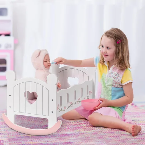 Vista 6 de Cuna de Muñecas de Madera ROBOTIME, Cuna de Muñecas con Balancín, Ropa de Cama Reversible para Niñas, Para Muñecas de Hasta 20 Pulgadas (Blanco)
