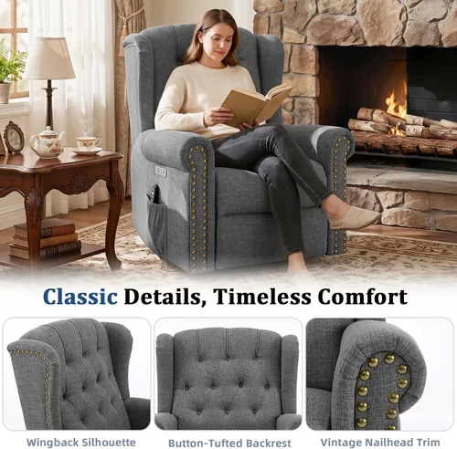 Vista 9 de Power Swivel Rocking Recliner Chair with Massage & Heat, Grey
