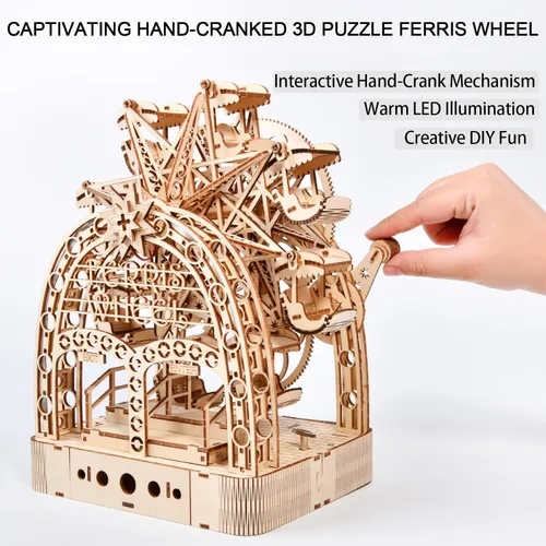 Vista 6 de Rompecabezas de madera 3D con ruedas mecánicas de la fortuna modelo de caja de música, rompecabezas de bricolaje, rompecabezas 3D para adultos