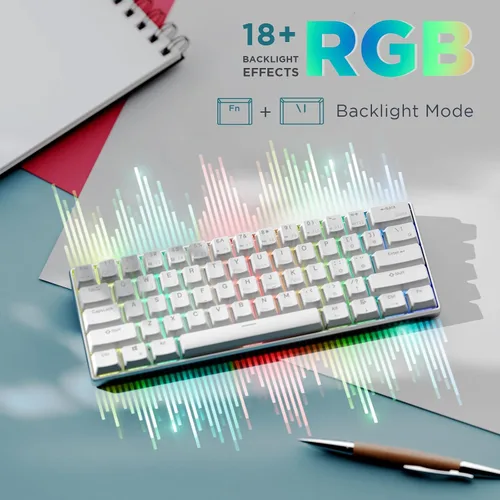 Vista 6 de RK ROYAL KLUDGE Teclado mecánico 60% RK61 Pro, marco de aluminio con teclado para juegos con cable, retroiluminación RGB programable, 61 teclas