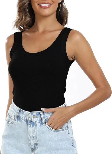 Vista 3 de LOVFEE Camiseta básica acanalada sin mangas con cuello redondo para mujer, blusas de espalda cruzada